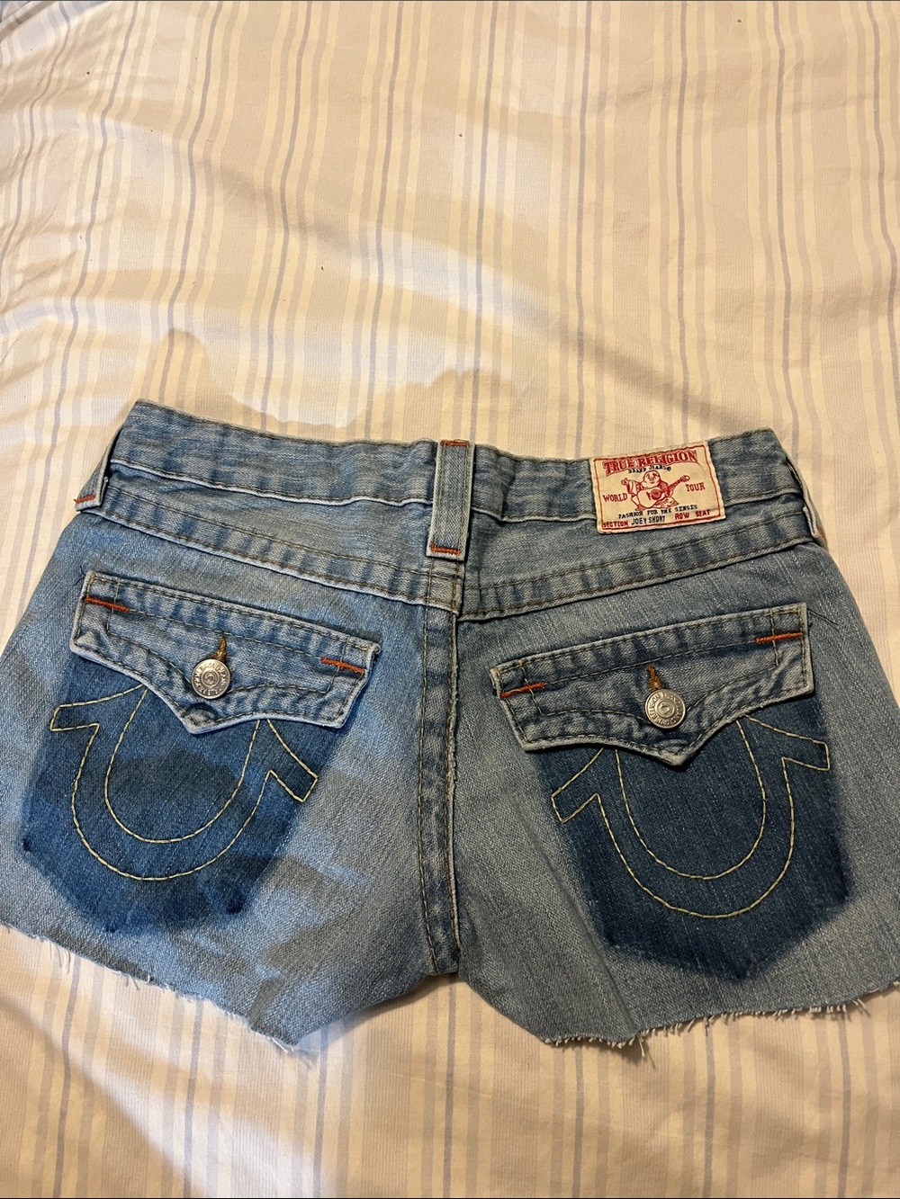 True Religion Light Blue Denim Cutoff Shorts with Horseshoe Stitch